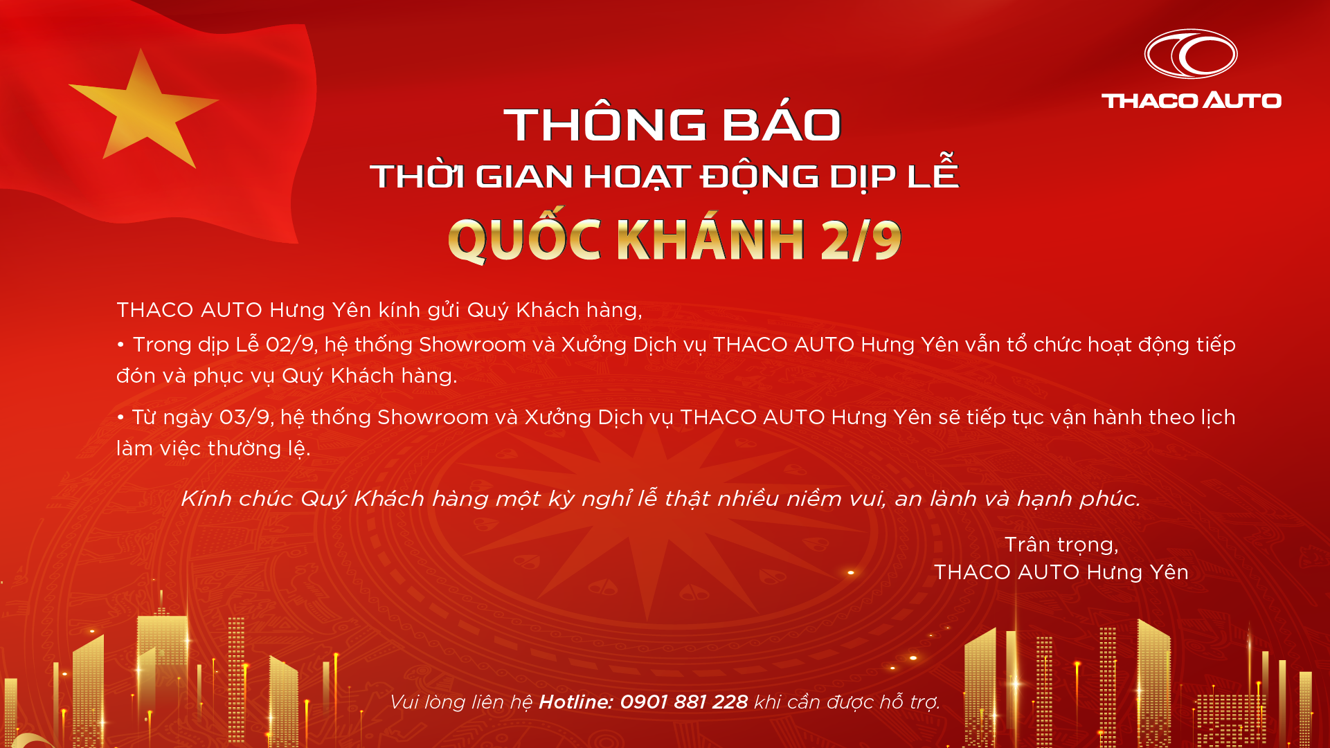 THÔNG BÁO THỜI GIAN HOẠT ĐỘNG DỊP LỄ QUỐC KHÁNH 02/9