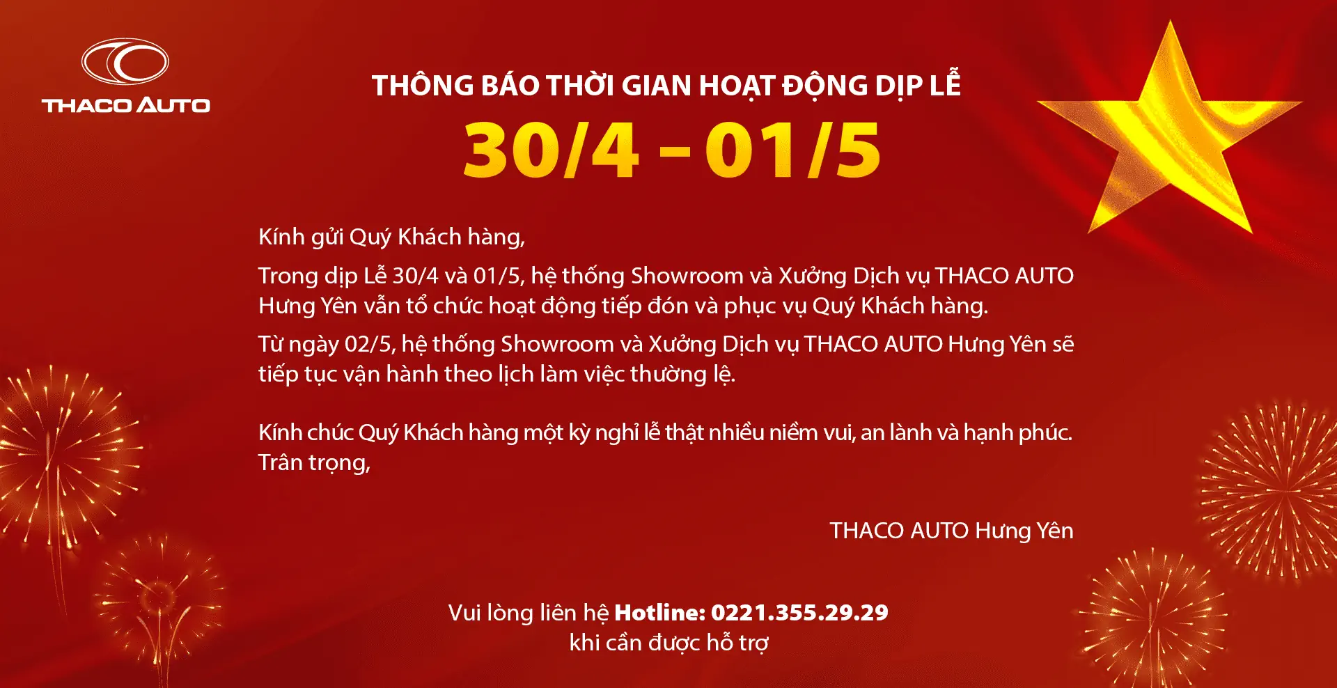 THACO AUTO HƯNG YÊN THÔNG BÁO THỜI GIAN HOẠT ĐỘNG DỊP LỄ 30/4 -1/5