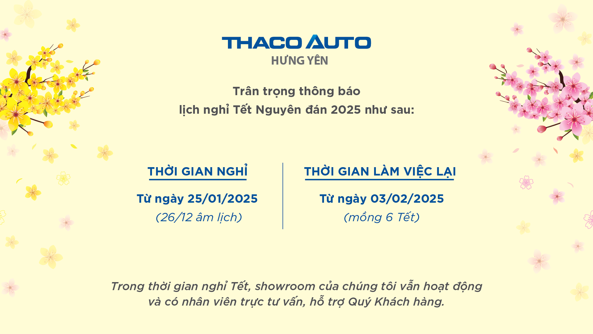 THACO AUTO HƯNG YÊN THÔNG BÁO LỊCH NGHỈ TẾT NGUYÊN ĐÁN 2025