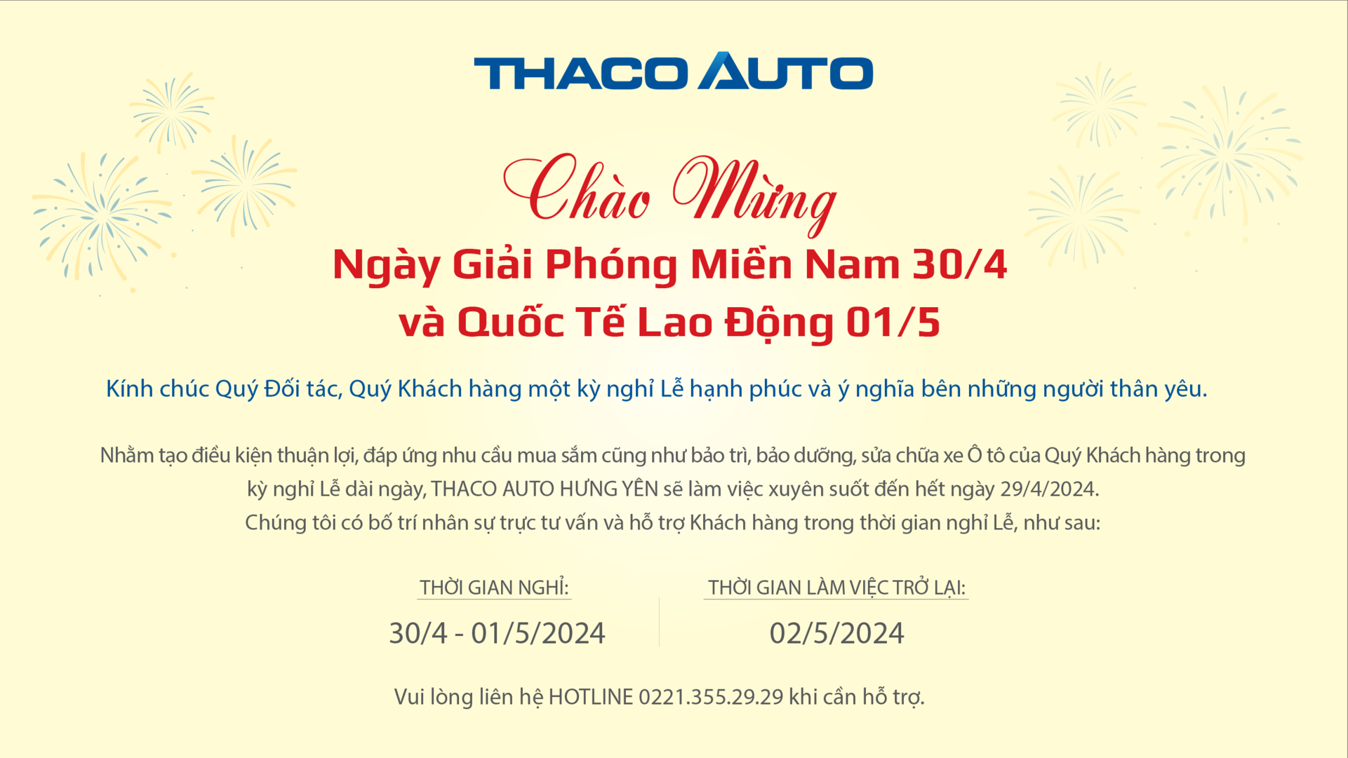 THACO AUTO HƯNG YÊN CHÀO MỪNG NGÀY GIẢI PHÓNG MIỀN NAM 30/04 VÀ QUỐC TẾ LAO ĐỘNG 01/05